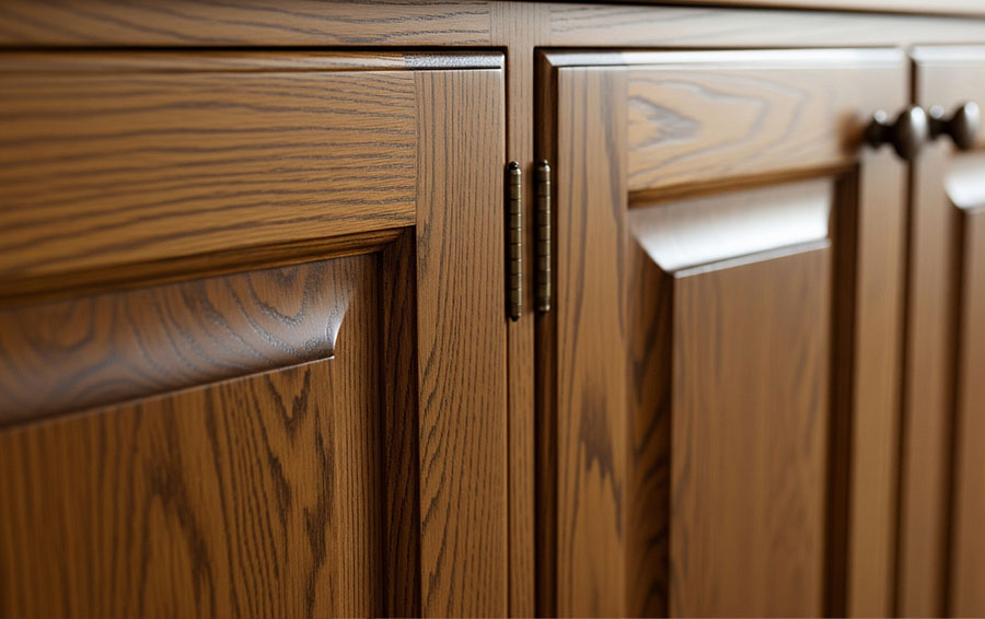 Stained oak cabinet close-up