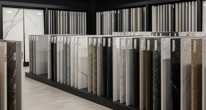 Various countertop material slabs at a stone yard