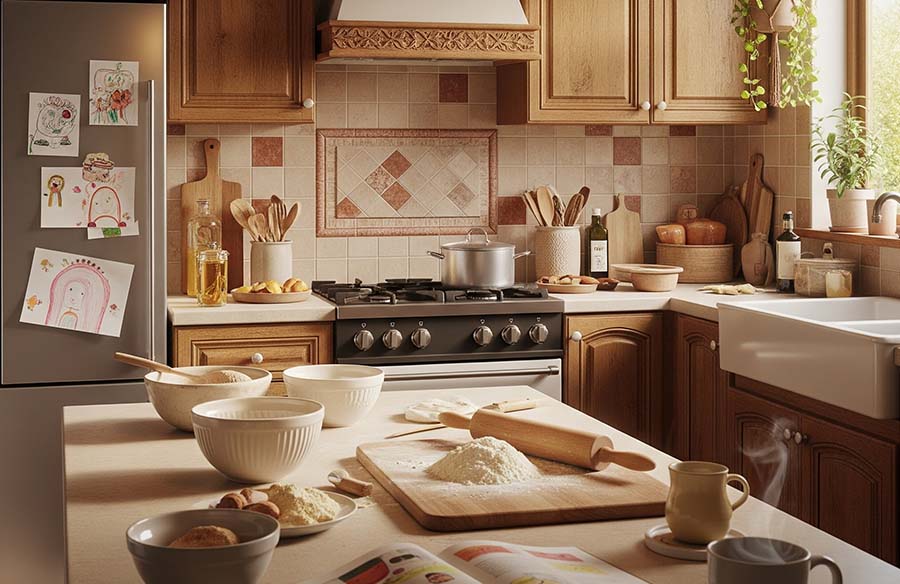 A warm kitchen with a counter for family cooking and memories