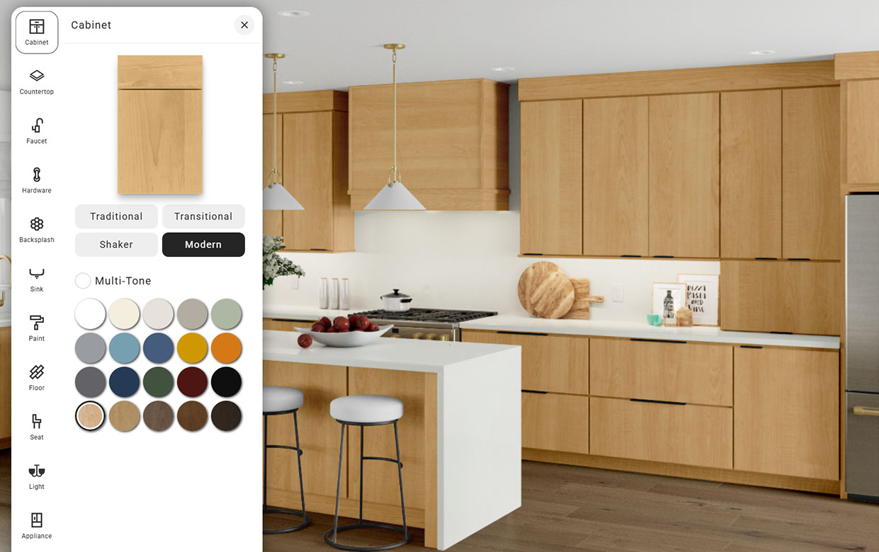 Kitchen Visualizer screenshot showing natural slab cabinets