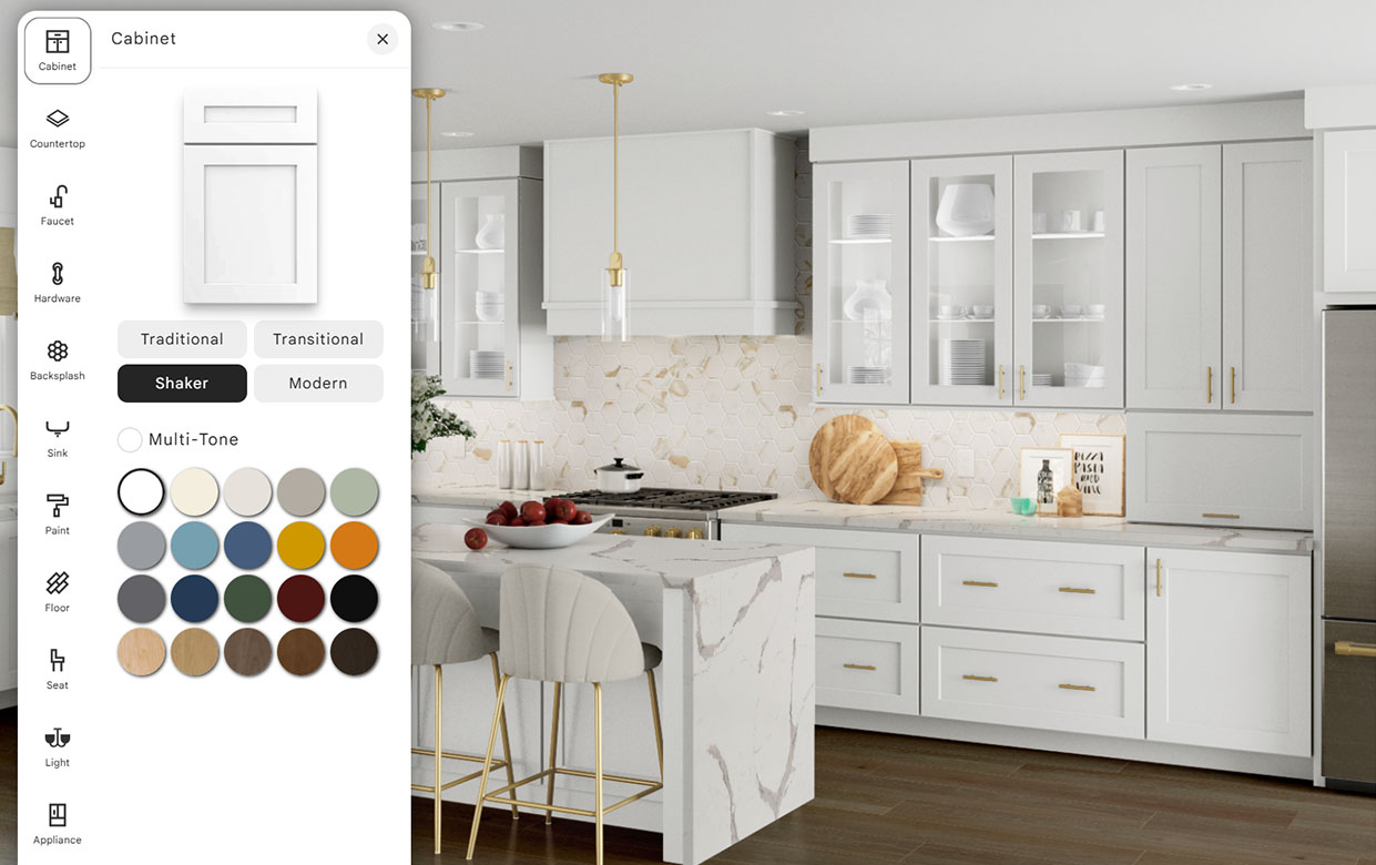 Kitchen Visualizer screenshot showing white shaker cabinets