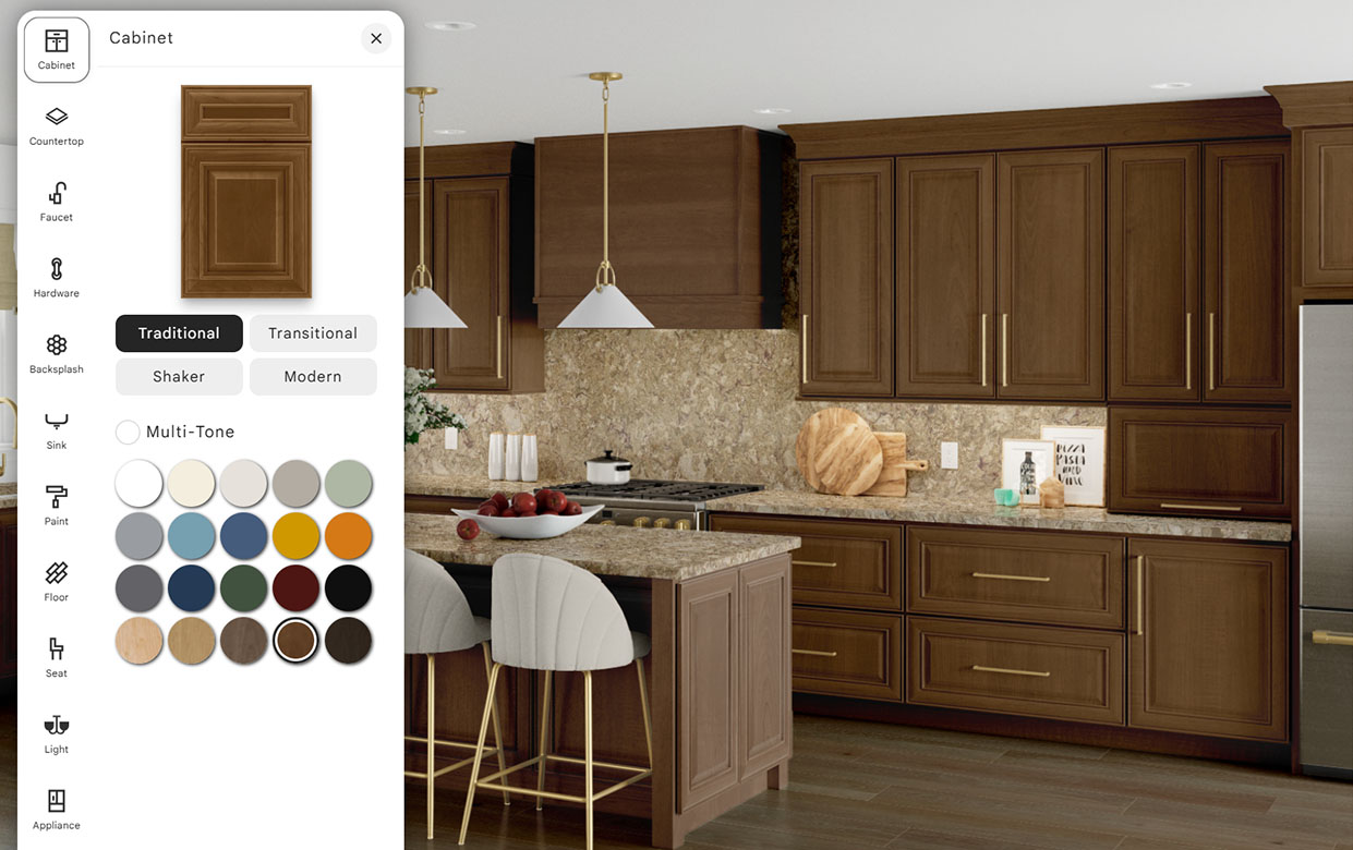 Kitchen Visualizer screenshot showing stained rasied-panel cabinets