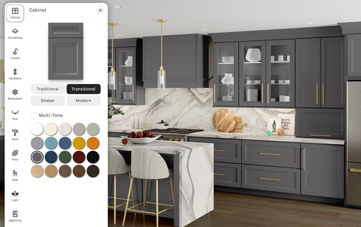 Kitchen Visualizer screenshot showing stained gray recessed cabinets