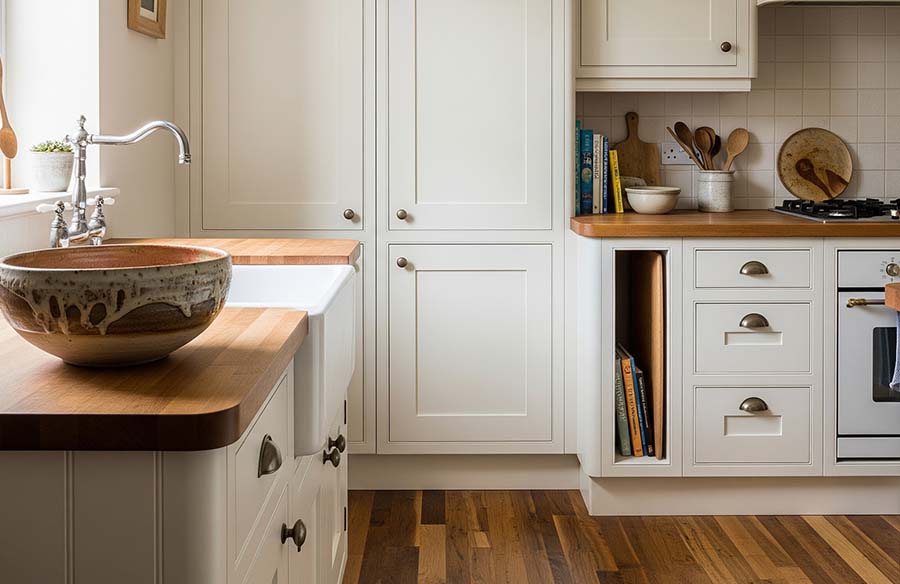 A kitchen with a contrast of sleek cabinets and unique personal items like a hand-thrown bowl