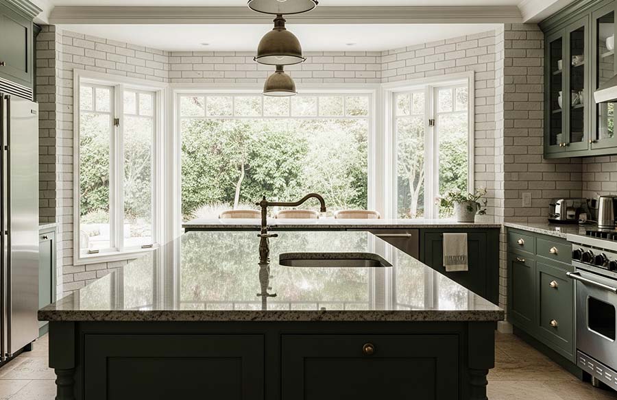 Kitchen with deep green cabinets inspired by moss on a stone wall