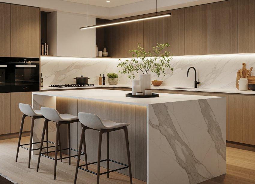 Kitchen island with waterfall countertop design